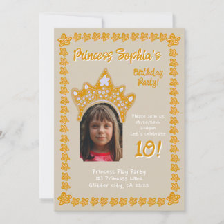 Sandy Cream Princess Crown Floral Photo Birthday Einladung