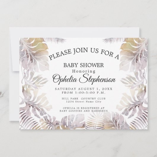 Sandy Gold Earthy Mauve Leafy Aquarelldusche Einladung (Vorderseite)