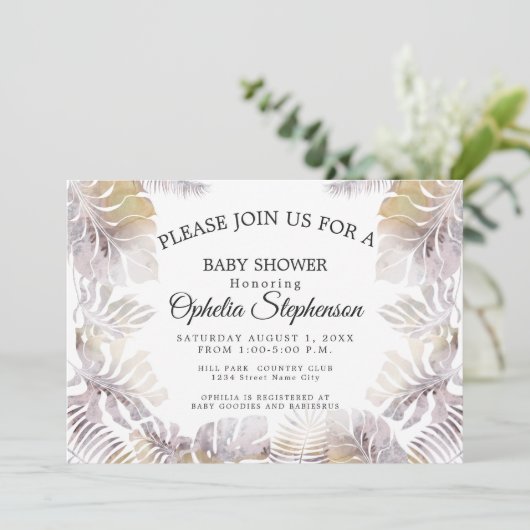 Sandy Gold Earthy Mauve Leafy Aquarelldusche Einladung (Stehend Vorderseite)