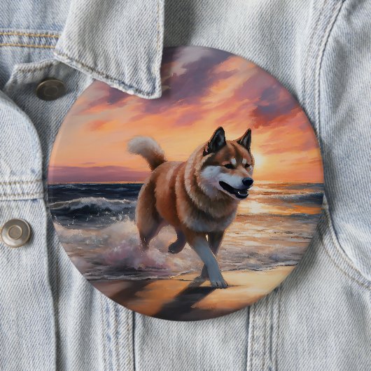 Sandy Paws Akita Dog auf Beach Sunset Button (Beispiel)