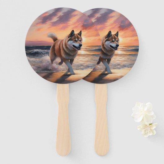 Sandy Paws Akita Dog auf Beach Sunset Fächer (Vorne und Hinten)