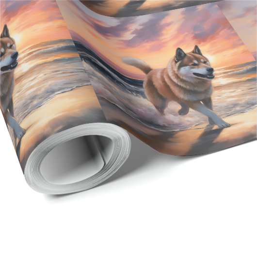 Sandy Paws Akita Dog auf Beach Sunset Geschenkpapier (Rolleneckpunkt)