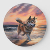 Sandy Paws Akita Dog auf Beach Sunset Große Wanduhr (Vorderseite)