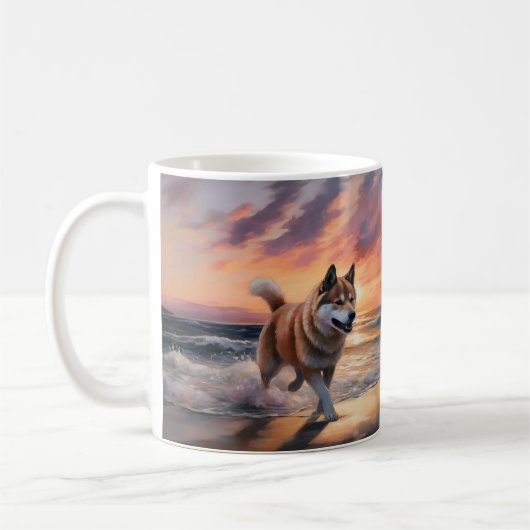 Sandy Paws Akita Dog auf Beach Sunset Kaffeetasse (Links)
