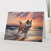 Sandy Paws Akita Dog auf Beach Sunset Karte (Vorderseite)