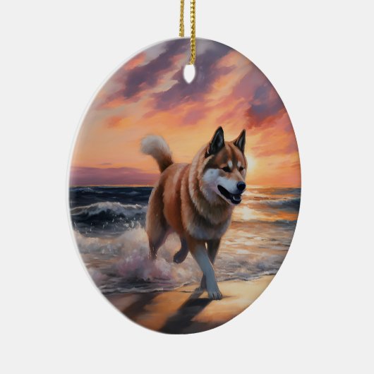 Sandy Paws Akita Dog auf Beach Sunset Keramik Ornament (Rechts)