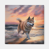 Sandy Paws Akita Dog auf Beach Sunset Magnet (Vorne)
