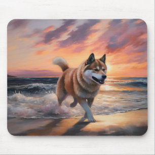 Sandy Paws Akita Dog auf Beach Sunset Mousepad