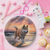 Sandy Paws Akita Dog auf Beach Sunset Pappteller (Party)