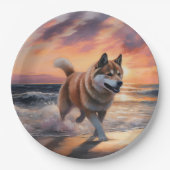 Sandy Paws Akita Dog auf Beach Sunset Pappteller (Vorderseite)