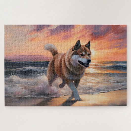Sandy Paws Akita Dog auf Beach Sunset Puzzle (Horizontal)