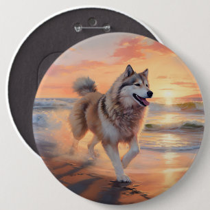 Sandy Paws Alaskan Malamute Dog on Beach Sunset Button