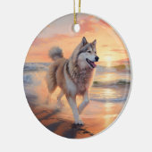 Sandy Paws Alaskan Malamute Dog on Beach Sunset Keramik Ornament (Links)