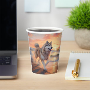 Sandy Paws Alaskan Malamute Dog on Beach Sunset Pappbecher
