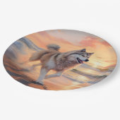 Sandy Paws Alaskan Malamute Dog on Beach Sunset Pappteller (Schrägansicht)