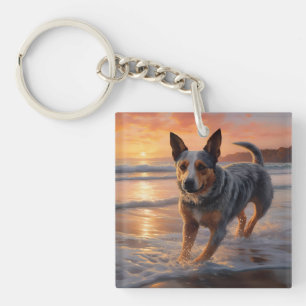 Sandy Paws Australian Cattle Dog am Strand Sonnenu Schlüsselanhänger