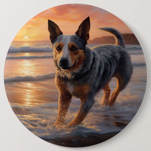 Sandy Paws Australian Cattle Dog on Beach Sunset Button (Vorderseite)