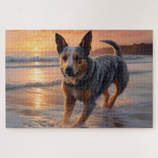 Sandy Paws Australian Cattle Dog on Beach Sunset Puzzle (Horizontal)