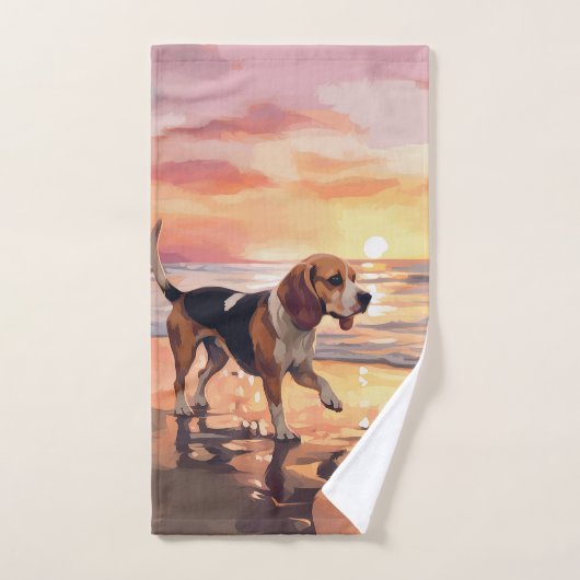 Sandy Paws Beagle Dog on Beach Sunset Badhandtuch Set (Handtuch)