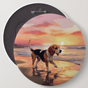 Sandy Paws Beagle Dog on Beach Sunset Button