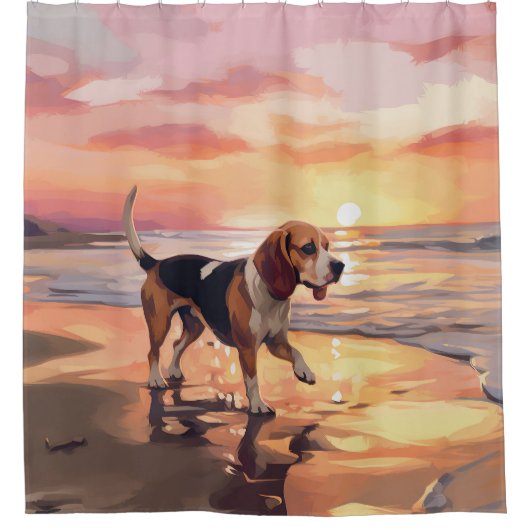 Sandy Paws Beagle Dog on Beach Sunset Duschvorhang (Vorderseite)