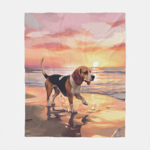 Sandy Paws Beagle Dog on Beach Sunset Fleecedecke