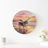 Sandy Paws Beagle Dog on Beach Sunset Große Wanduhr (Zuhause)