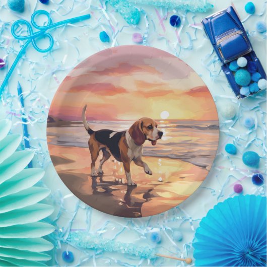 Sandy Paws Beagle Dog on Beach Sunset Pappteller (Party)