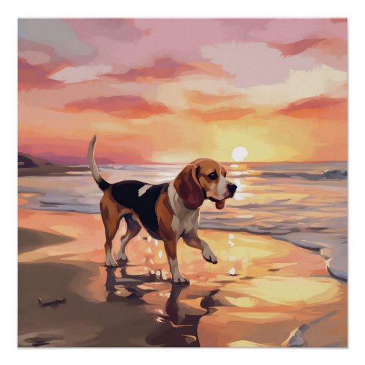 Sandy Paws Beagle Dog on Beach Sunset Poster (Vorderseite)
