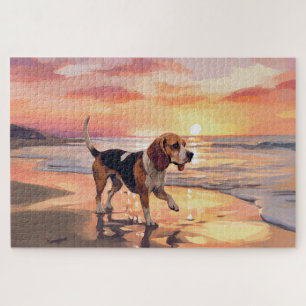 Sandy Paws Beagle Dog on Beach Sunset Puzzle