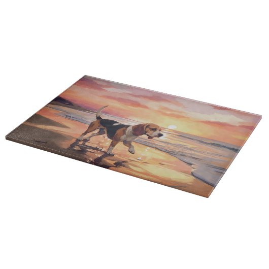 Sandy Paws Beagle Dog on Beach Sunset Schneidebrett (Ecke)