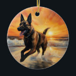 Sandy Paws Belgischer Malinois Hund auf Beach Suns Keramik Ornament<br><div class="desc">Tauchen Sie ein in die ruhige Schönheit unseres Hundes "Sandy Paws and Sunset Hues" mit Sonnenuntergang am Strand. Diese faszinierende Szene vereint das Wesen eines perfekten Abends am Ufer, mit einem treuen Hund, der den goldenen Sand und die atemberaubenden Farben der untergehenden Sonne genießt. Ob Hundeliebhaber oder Sonnenuntergang - dieses...</div>