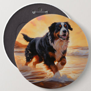 Sandy Paws Bernese Mountain Dog on Beach Sunset Button