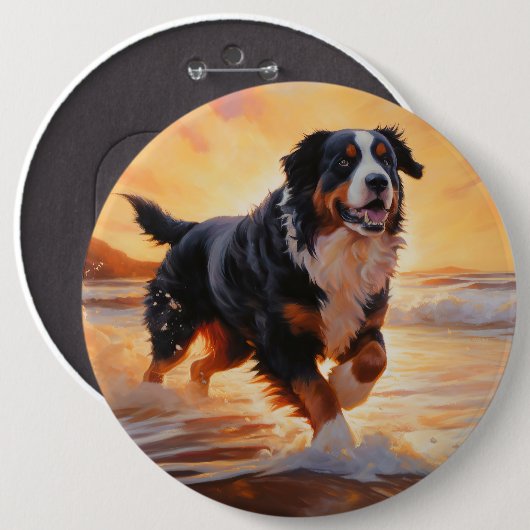 Sandy Paws Bernese Mountain Dog on Beach Sunset Button (Vorne & Hinten)