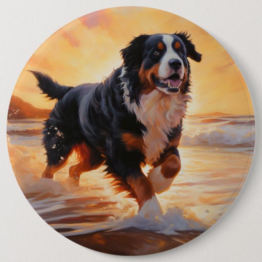 Sandy Paws Bernese Mountain Dog on Beach Sunset Button (Vorderseite)