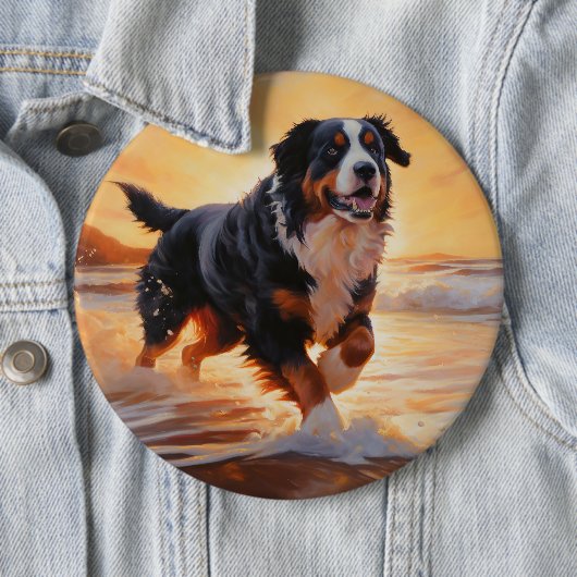 Sandy Paws Bernese Mountain Dog on Beach Sunset Button (Beispiel)