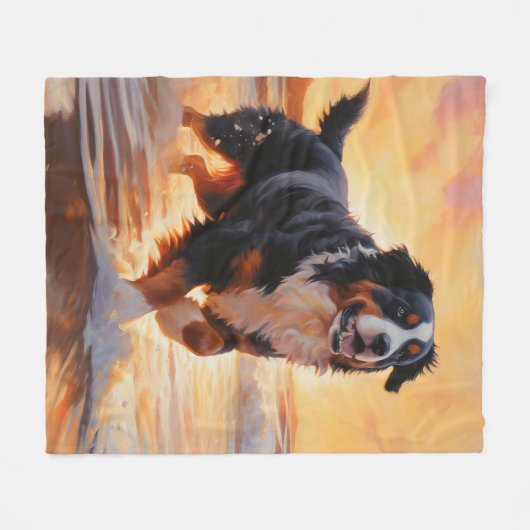 Sandy Paws Bernese Mountain Dog on Beach Sunset Fleecedecke (Vorderseite (Horizontal))