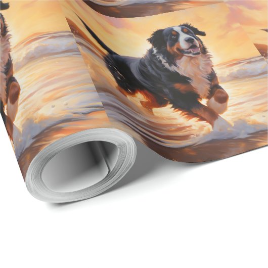 Sandy Paws Bernese Mountain Dog on Beach Sunset Geschenkpapier (Rolleneckpunkt)