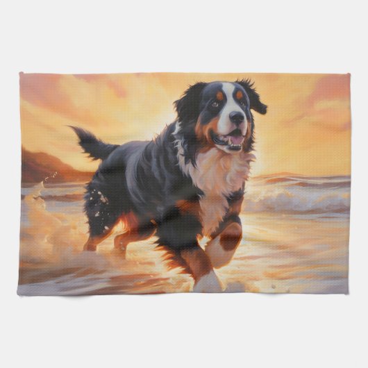 Sandy Paws Bernese Mountain Dog on Beach Sunset Geschirrtuch (Horizontal)