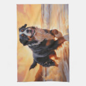 Sandy Paws Bernese Mountain Dog on Beach Sunset Geschirrtuch (Vertikal)