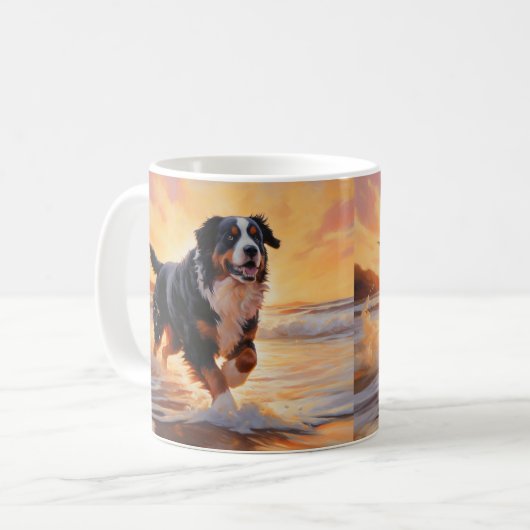Sandy Paws Bernese Mountain Dog on Beach Sunset Kaffeetasse (Vorderseite Links)