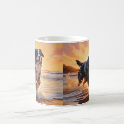 Sandy Paws Bernese Mountain Dog on Beach Sunset Kaffeetasse (Mittel)