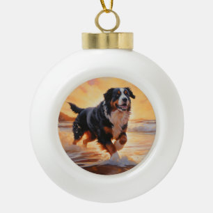 Sandy Paws Bernese Mountain Dog on Beach Sunset Keramik Kugel-Ornament