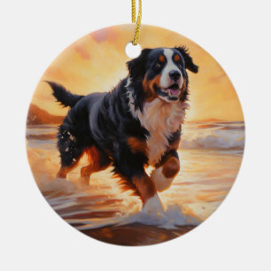 Sandy Paws Bernese Mountain Dog on Beach Sunset Keramik Ornament