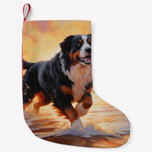 Sandy Paws Bernese Mountain Dog on Beach Sunset Kleiner Weihnachtsstrumpf (Vorderseite)