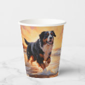 Sandy Paws Bernese Mountain Dog on Beach Sunset Pappbecher (Vorderseite)