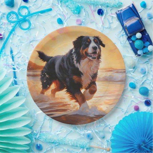 Sandy Paws Bernese Mountain Dog on Beach Sunset Pappteller (Party)