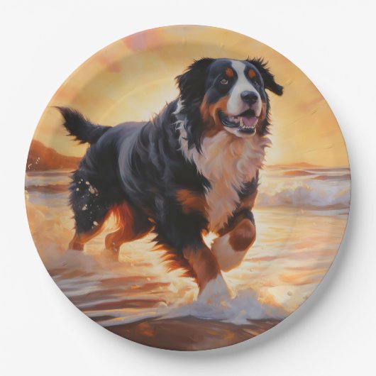 Sandy Paws Bernese Mountain Dog on Beach Sunset Pappteller (Vorderseite)