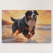 Sandy Paws Bernese Mountain Dog on Beach Sunset Puzzle (Horizontal)
