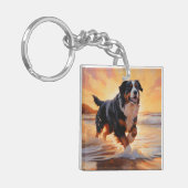 Sandy Paws Bernese Mountain Dog on Beach Sunset Schlüsselanhänger (Vorderseite links)